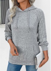 Grey tops,Plain Color tops,ROTITA Drawstring Grey Long Sleeve Patchwork Hoodie