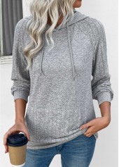 Grey tops,Plain Color tops,ROTITA Drawstring Grey Long Sleeve Patchwork Hoodie