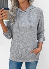 Grey tops,Plain Color tops,ROTITA Drawstring Grey Long Sleeve Patchwork Hoodie