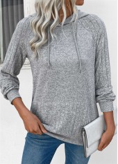 Grey tops,Plain Color tops,ROTITA Drawstring Grey Long Sleeve Patchwork Hoodie