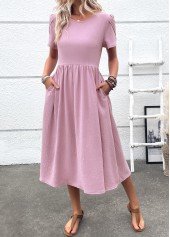 robe à manches courtes et col rond violet poudré à fermeture éclair Rotita