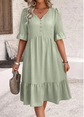 Sage Green dresses,Plain Color dresses,Everyday dresses,Casual dresses,ROTITA Button Sage Green A Line Split Neck Dress