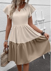 Light Camel dresses,Beige dresses,Contrast Color dresses,Everyday dresses,Casual dresses,ROTITA Patchwork Light Camel Round Neck Short Sleeve Dress