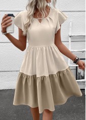 ROTITA Patchwork Light Camel Round Neck Short Sleeve Dress