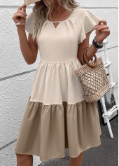 Light Camel dresses,Beige dresses,Contrast Color dresses,Everyday dresses,Casual dresses,ROTITA Patchwork Light Camel Round Neck Short Sleeve Dress