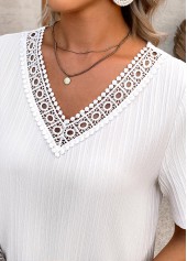 White dresses,Plain Color dresses,Everyday dresses,Casual dresses,ROTITA Embroidery White A Line V Neck Short Sleeve Dress