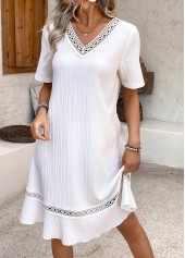 ROTITA Embroidery White A Line V Neck Short Sleeve Dress