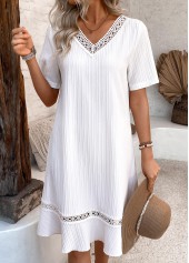 White dresses,Plain Color dresses,Everyday dresses,Casual dresses,ROTITA Embroidery White A Line V Neck Short Sleeve Dress
