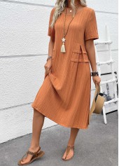 Terracotta dresses,Plain Color dresses,Everyday dresses,Casual dresses,ROTITA Patchwork Terracotta A Line Round Neck Short Sleeve Dress