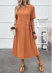 Terracotta dresses,Plain Color dresses,Everyday dresses,Casual dresses,ROTITA Patchwork Terracotta A Line Round Neck Short Sleeve Dress