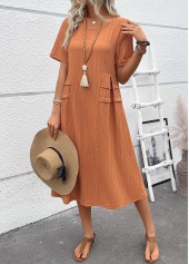 Terracotta dresses,Plain Color dresses,Everyday dresses,Casual dresses,ROTITA Patchwork Terracotta A Line Round Neck Short Sleeve Dress