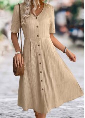 Light Coffee dresses,Plain Color dresses,Everyday dresses,Casual dresses,ROTITA Light Coffee A Line V Neck Short Sleeve Dress