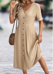 Light Coffee dresses,Plain Color dresses,Everyday dresses,Casual dresses,ROTITA Light Coffee A Line V Neck Short Sleeve Dress