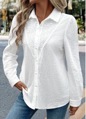 White tops,Plain Color tops,ROTITA Embroidery White Long Sleeve Tunic Shirt
