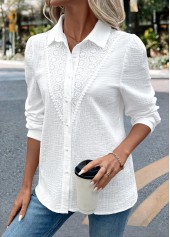 White tops,Plain Color tops,ROTITA Embroidery White Long Sleeve Tunic Shirt