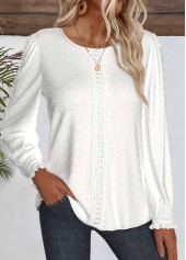 White tops,Plain Color tops,ROTITA Embroidery White Round Neck Long Sleeve Blouse