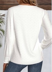 White tops,Plain Color tops,ROTITA Embroidery White Round Neck Long Sleeve Blouse