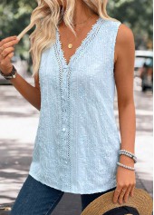 Light Blue tops,Plain Color tops,ROTITA Embroidery Light Blue V Neck Sleeveless Tank Top