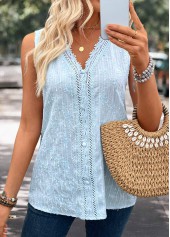 Light Blue tops,Plain Color tops,ROTITA Embroidery Light Blue V Neck Sleeveless Tank Top