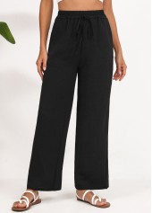 Black bottoms,Plain Color bottoms,Drawstring Black Wide Leg Elastic Waist High Waisted Pants