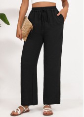 Black bottoms,Plain Color bottoms,Drawstring Black Wide Leg Elastic Waist High Waisted Pants