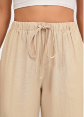 Light Camel bottoms,Plain Color bottoms,Drawstring Light Camel Straight Leg Elastic Waist Pants