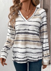 Light Camel tops,Tie Dye tops,ROTITA Tie Dye Print Light Camel V Neck T Shirt