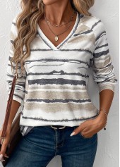 Light Camel tops,Tie Dye tops,ROTITA Tie Dye Print Light Camel V Neck T Shirt