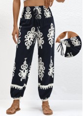 Marineblaue Joggerhose mit gesmoktem Tribal-Print und elastischer Taille