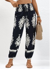 Navy bottoms,Tribal bottoms,Smocked Tribal Print Navy Jogger Elastic Waist Pants