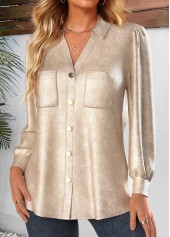 Champagne tops,Plain Color tops,ROTITA Button Champagne Tunic Long Sleeve Shirt
