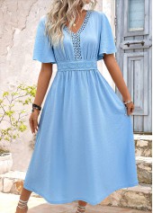 Light Blue dresses,Plain Color dresses,Vacation dresses,Vacation dresses,ROTITA Embroidery Light Blue V Neck Short Sleeve Dress