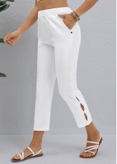 White bottoms,Plain Color bottoms,ROTITA White Elastic Waist High Waisted Pants