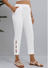 White bottoms,Plain Color bottoms,ROTITA White Elastic Waist High Waisted Pants