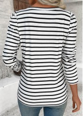 White tops,Striped tops,Geometric tops,ROTITA Striped White Round Neck Long Sleeve T Shirt