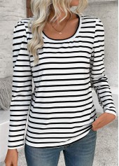 ROTITA Striped White Round Neck Long Sleeve T Shirt