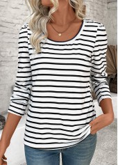 White tops,Striped tops,Geometric tops,ROTITA Striped White Round Neck Long Sleeve T Shirt