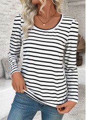 White tops,Striped tops,Geometric tops,ROTITA Striped White Round Neck Long Sleeve T Shirt
