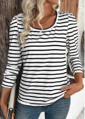 White tops,Striped tops,Geometric tops,ROTITA Striped White Round Neck Long Sleeve T Shirt