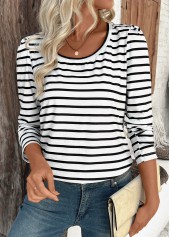 White tops,Striped tops,Geometric tops,ROTITA Striped White Round Neck Long Sleeve T Shirt