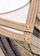 Light Camel tops,Geometric tops,ROTITA Button Geometric Print Light Camel V Neck T Shirt