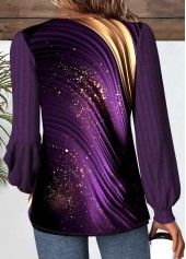 Purple tops,Ombre tops,ROTITA Button Ombre Purple V Neck Long Sleeve T Shirt