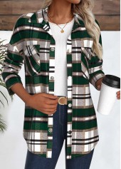 Green tops,Plaid tops,Geometric tops,ROTITA Snap Button Plaid Green Turn Down Collar Coat