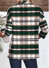 Green tops,Plaid tops,Geometric tops,ROTITA Snap Button Plaid Green Turn Down Collar Coat
