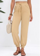 Light Camel bottoms,Plain Color bottoms,Drawstring Light Camel Jogger Elastic Waist High Waisted Pants
