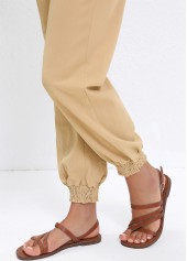 Light Camel bottoms,Plain Color bottoms,Drawstring Light Camel Jogger Elastic Waist High Waisted Pants