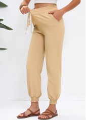 Light Camel bottoms,Plain Color bottoms,Drawstring Light Camel Jogger Elastic Waist High Waisted Pants