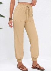 Light Camel bottoms,Plain Color bottoms,Drawstring Light Camel Jogger Elastic Waist High Waisted Pants