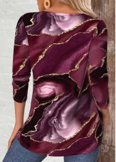 Dark Reddish Purple tops,Marble tops,ROTITA Cut Out Marble Print Dark Reddish Purple T Shirt