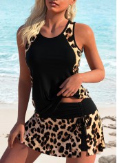 Black swimwear,Leopard swimwear,Animal Print swimwear,ROTITA Ruched Detail Black Leopard Tankini Set